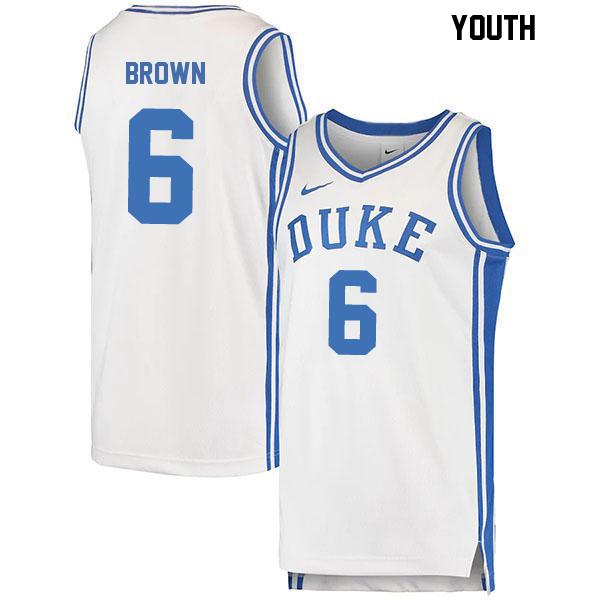 Maliq Brown Stitched Youth Number 6 White Authentic Duke Blue Devils College Basketball Jersey