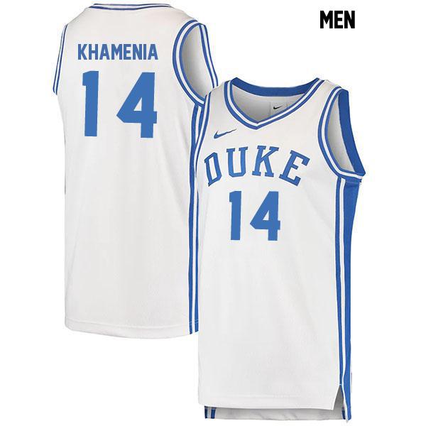 Nikolas Khamenia Mens Stitched Number 14 White Authentic Duke Blue Devils College Basketball Jersey